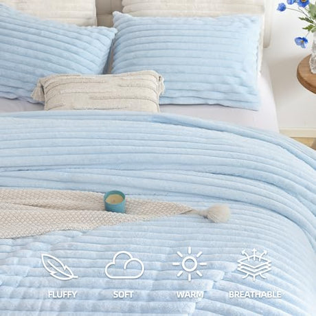 Smoofy Fluffy Full Size Comforter Sets 3 Pieces - Light Blue Fleece Fluffy Comforter Set, Luxury Fuzzy Full Bed Set, Soft Comforter Full Size All Season, Heavy Faux Fur Comforter with 2 Pillow Cases Smoofy