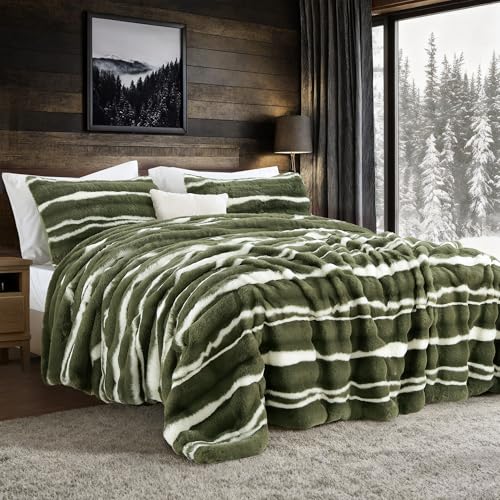 Wonderful 3 Pieces Fluffy Faux Rabbit Fur Comforter Set King Size, Dark Green Plush Fuzzy Bedding Set, Animal Stripes Design Warm Soft Comforter Bedding Set for All Season,104"x94" Wonderful