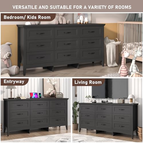 chartustriable Farmhouse 9 Drawers Dresser, Wood Dresser for Bedroom Wide Chest of Drawers, French Country Storage Double Dressers Organizer for Bedroom, Living Room, Nursery(Black) - WoodArtSupply