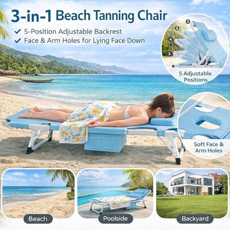 ABORON 4-in-1 Lounge Chair with Face & Arm Holes for Tanning, 440LB Heavy-Duty Folding Recliner with Plush Cotton Cushion, No Assembly Tri-Fold Guest Bed for Sunbathing, Poolside, Office Nap & Camping ABORON