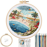 FONNUY Beach Ocean Embroidery Kit, Cross Stitch Kits for Beginners, Handmade Crafts with Printed Patterns for Beginner Adults, Easy to Follow Color Thread Needlework, 8'' Hoop (Holiday)