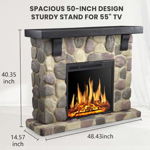 Electactic 50" Electric Fireplace TV Stand, Fireplace with Faux Stone-Look Mantel, Realistic 3D Flame Effect, 7 Brightness, 750W/1500W Dual Heat Settings, Remote Control for Living Room/Bedroom(Round) Electactic