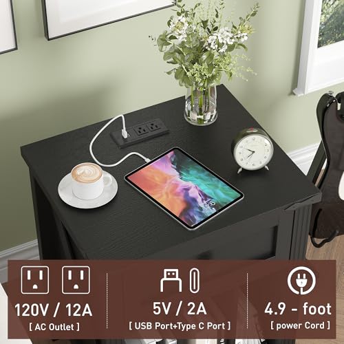 HOSEOKA Record Player Stand with Vinyl Record Storage, Turntable Stand with Charging Station, Wood Vinyl Record Holder Cabinet Dispaly Shelf with Drawer, Black HOSEOKA