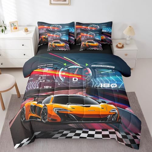 Feelyou Boys Race Car King Size 7 Piece Bedding Set Kids Racing Car Comforter Set with Sheets, Pillowcases & Cushion Cover Feelyou
