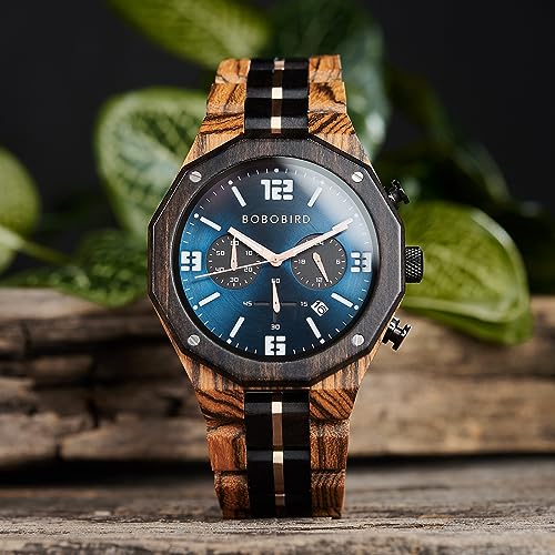 BOBO BIRD Men's Wooden Watch Sport Fashion Wristwatch Casual Chronograph Quartz Watches Men's Wood Stainless Steel Strap Watch with Date Display (Blue) BOBO BIRD