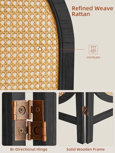 3 Panel Folding Room Divider, Hand-Woven Rattan Room Dividers and Folding Privacy Screens with Bi-Directional Hinge, Pre-Assembled Partition Room Dividers for Home Office Bedroom Restaurant, Black ALeesing