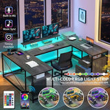 DWVO U Shaped Desk with Drawers, 79" Reversible L Shaped Desk with Power Outlets & LED Lights, Corner Computer Desk with Monitor Stand & Storage Shelves, Grey DWVO