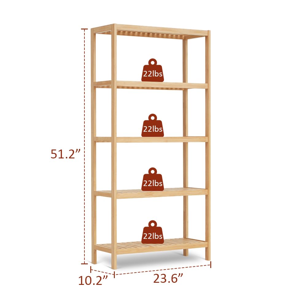 HLXZN 5 Tier Bamboo Freestanding Shelf Unit, Multifunctional Bookshelf Bookcase for Bathroom, Kitchen, Living Room, Office HLXZN