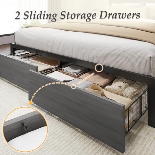 Lifezone Full Bed Frame with 2-Tier Storage Headboard, Metal Bed Frame with Storage Drawers & Built-in Charging Station & LED, Noise-Free, No Box Spring Needed, Easy Assembly, Rustic Grey Lifezone