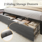 Lifezone Full Bed Frame with 2-Tier Storage Headboard, Metal Bed Frame with Storage Drawers & Built-in Charging Station & LED, Noise-Free, No Box Spring Needed, Easy Assembly, Rustic Grey Lifezone