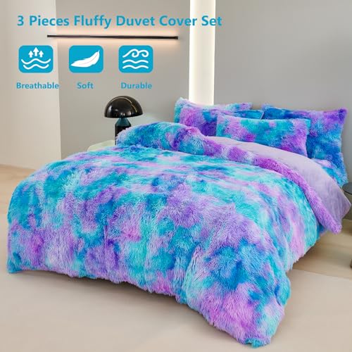 SUCSES Blue Purple Fluffy Twin Bedding Sets for Girls 3Pcs Faux Fur Plush Shaggy Kids Duvet Cover Set Twin Size Tie Dye Velvet Furry Comforter Cover Set SUCSES