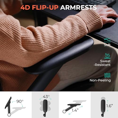 CAPOT Ergonomic Mesh Office Chair, Adjustable Lumbar High Back Desk Chair 400lbs, 4D Flip-up Arms, 3 Tilt Backrest, 3D Headrest, PU Wheels, Swivel Rolling Computer Chair for Long Desk Work - Black CAPOT