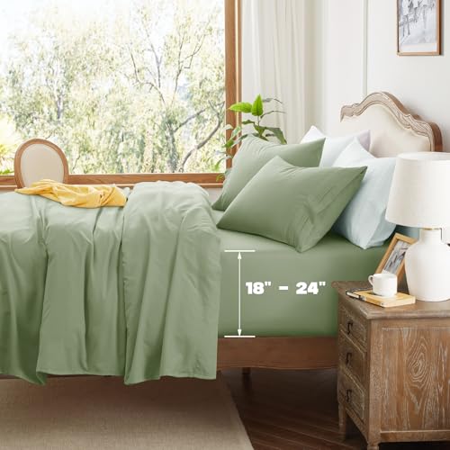 Aormenzy Extra Deep Pocket Queen Sheets - 4 Piece Sage Green Bed Sheet Set - Fits Mattress 18-24 Inches Deep - Ultra-Soft Microfiber Extra Deep Sheet Sets for Women, Men, Kids & Teens Aormenzy