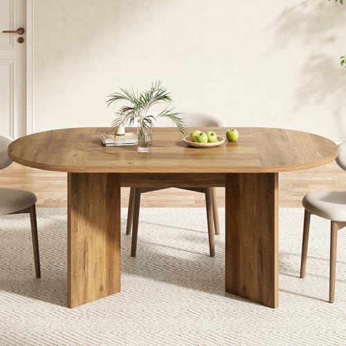LITTLE TREE 63" Rustic Oval Dining Table for 2-4, Sturdy MDF Farmhouse Kitchen Table with Metal Strip Base, for Living Room, Office, Restaurant, Multi-Use, Umber LITTLE TREE