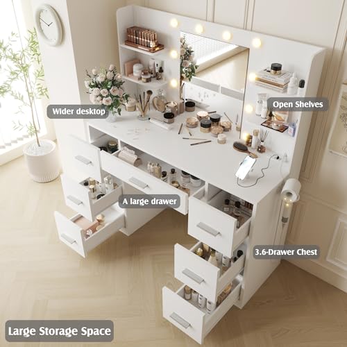 YESHOMY Vanity Desk with Mirror, Power Outlet and 10 Lights, Makeup Table with 7 Drawers, 3 Color Modes Available for Bedroom, Clear White YESHOMY
