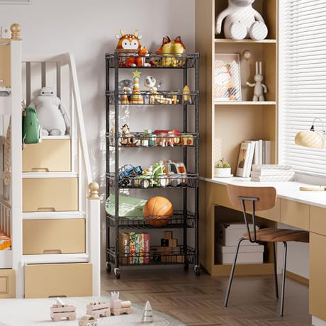 SINGAYE 6 Tier Basket Shelf Wire Shelving Unit Adjustable Storage Shelves Big Basket Rack for Garage Kitchen Office Pantry Corner 17" Dx12 Wx63 H Black SINGAYE