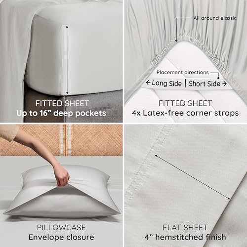 Bambaw Queen Sheet Set – 4pcs 100% Viscose Derived from Bamboo Sheets Set, Cooling Sheets for Night Sweats, Soft Queen Sheets, Hotel Luxury Bed Sheets Set, 16'' Deep Pockets (Moonlight Gray) Bambaw