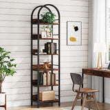 LITTLE TREE 78.7 Inches Tall Arched Bookshelf, 6 Tiers Skinny Open Bookcase with Metal Frame, Freestanding Corner Display Shelves Rack for Living Room, Home Office, Brown LITTLE TREE