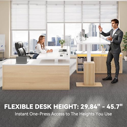 YITAHOME L Shaped Standing Desk with Power Outlets & LED Lights, 63" Electric Standing Desk Adjustable Height Sit Stand Corner Standing Desks with Drawers & Sliding Door, High-Gloss White+Natural Oak YITAHOME