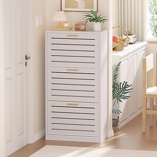 VECELO Shoe Cabinet Storage for Entryway with 3 Flip Drawers Slim Hidden Free Standing Organizer for Narrow Hallway, Bedroom, Living Room, Large Capacity, Modern, White, 3-Shelf - WoodArtSupply