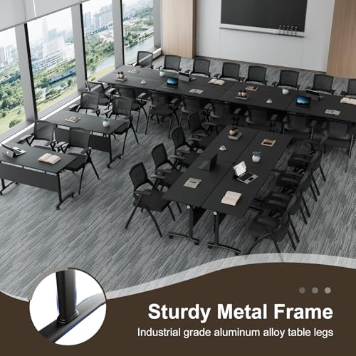 Folding Conference Table On Wheels, 10 Pack Modular Modern Conference Room Table 8-16 People Rolling Meeting Table for School Office (4, Black, 47.2" D X 23.6" W X 29.5" H) robwibw