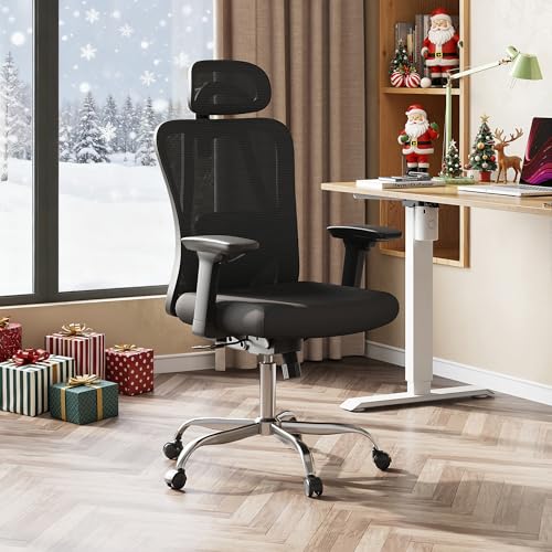 DEVAISE Ergonomic Mesh Office Chair with Adjustable 3D Headrest and Tilt Function, Big and Tall Reclining Comfy Home Computer Desk Chair with Lumbar Support and 3D Armrests, Black DEVAISE