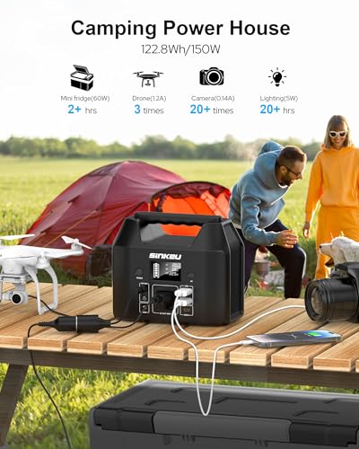 SinKeu E150 Portable Power Station 150W 122.8 Watt Hours LiFePO4 Battery Power Bank Camping Solar Generator with 110V AC Outlet(USB*2 DC*2 USB-C) Flashlight for Outdoor Home Travel Emergency(Black) SinKeu