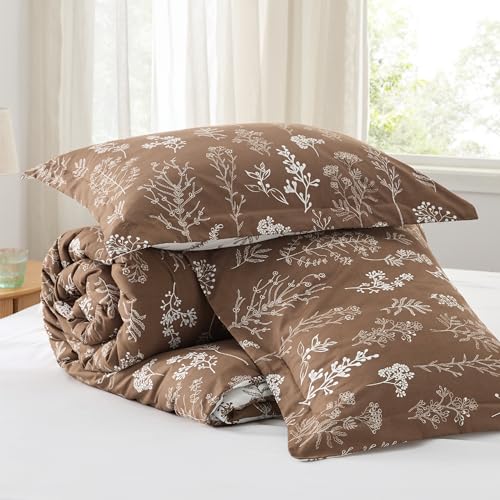 Bedsure Twin/Twin XL Comforter Set - Brown Bed Set, 2 Pieces Cute Floral Bedding, 1 Soft Reversible Botanical Flowers Comforter and 1 Pillow Shams Bedsure