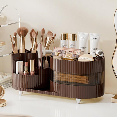 Rotating Makeup Organizer for Vanity with Brush Holder and Drawer, 3 Layer Cosmetic Makeup Storage, Large Makeup Skincare Organizer, Countertop Makeup Perfume Organizer, Lotions Display Case (Brown) COMFYROOM