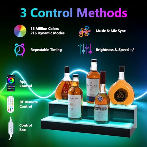 Leekimid Led Lighted Liquor Bottle Display Shelf, 20 Inch 2 Tier Whiskey Rack, Support USB, Bar Stand with RF Remote & App Control, Illuminated Acrylic Lighting Shelves for Home Bar, Party Leekimid