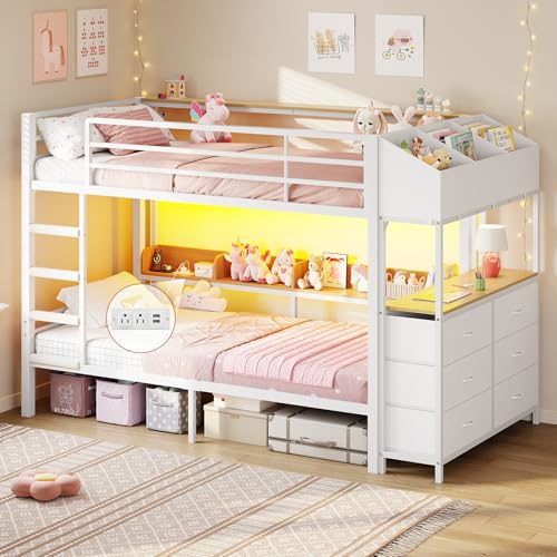 DICTAC Twin Over Twin Bunk Bed with 6 Storage Drawers,Led Lights and Charging Station Metal Bunk Beds with Side Bookcase,3 Storage Boxes &Shelf,L-Shaped bunk Bed with Safety Guardrail and Ladder,White DICTAC