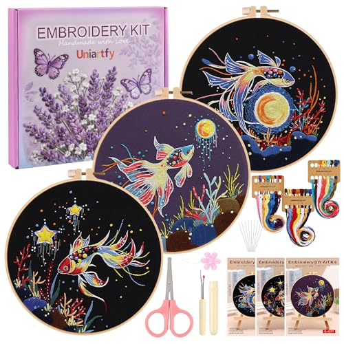 Uniartfy 3 Sets Hand Embroidery Starter Kits for Beginners Adults, Goldfish Stamped Cross Stitch Kit, DIY Needlepoint Kit with Cloth, Hoop,Threads and Instruction, Easy to Learn Embroidery Starter Kit