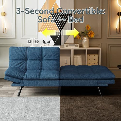 AMICLIBER Futon Sofa Bed Convertible Couch, Blue Linen Sofa Bed with Memory Foam, Adjustable Backrest & Armrests, Multifunctional Small Loveseat Sleeper Sofa for Living Room, Apartment, Office AMICLIBER