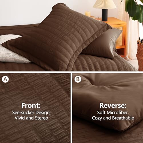 CozyLux King Size Comforter Set Brown Seersucker 7 Pieces Bed in a Bag King Comforter Set with Sheets, Luxury Soft Bedding Set with Down Alternative Comforter, Sheets, Pillowcases & Shams All Seasons CozyLux