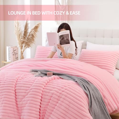 Smoofy Fluffy Queen Comforter Set 3 Pieces - Pink Fleece Fluffy Comforter Set, Luxury Fuzzy Queen Bedding Set, Soft Warm Bed Set All Season, Heavy Faux Fur Comforter with 2 Pillow Cases Smoofy