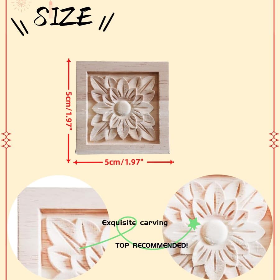 LXYUUM 4PCS Square Wood Appliques Onlays Decorative for Furniture Handmade Wood Carved Onlay for Bed Door Cabinet Wardrobe Furniture Decoration Unpainted Wood Carving Decoration(02,5x5cm/1.97x1.97") LXYUUM