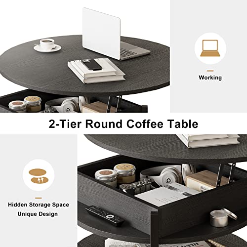 FABATO Round Lift Top Coffee Table for Living Room, 35.43'' Round Coffee Table with Storage and Hidden Compartment, 2 Tier Large Farmhouse Coffee Table Round Dining Table, Black - WoodArtSupply