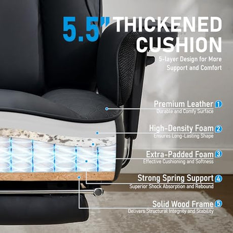 OwgeinSet Big and Tall Office Chair, Ergonomic Leather Reclining Chair with Footrest, High-Back Comfy Executive Computer Desk Chairs with Lumbar Support, Wide Seat, 400LBS (Black) OwgeinSet