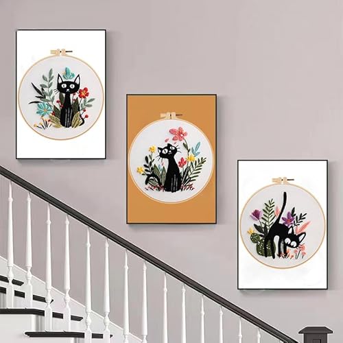 Konrisa 3pcs Embroidery Kits for Beginners Creative Black Cat and Flower Pattern Cross Stitch Practice Kit DIY Sewing Needlepoint, Include 1pcs Hoop