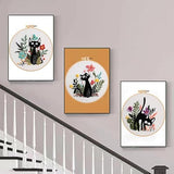 Konrisa 3pcs Embroidery Kits for Beginners Creative Black Cat and Flower Pattern Cross Stitch Practice Kit DIY Sewing Needlepoint, Include 1pcs Hoop