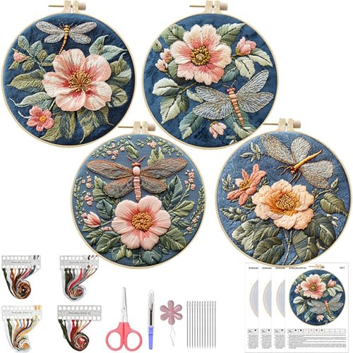 SCECALA 4 Pack Spring Floral Embroidery Kit - Blue Dragonfly Flower Hand Embroidery Kit for Beginners with Pattern, Complete Cross Stitch Supplies DIY Craft for Adults Sewing Hobby, 1pc Hoops