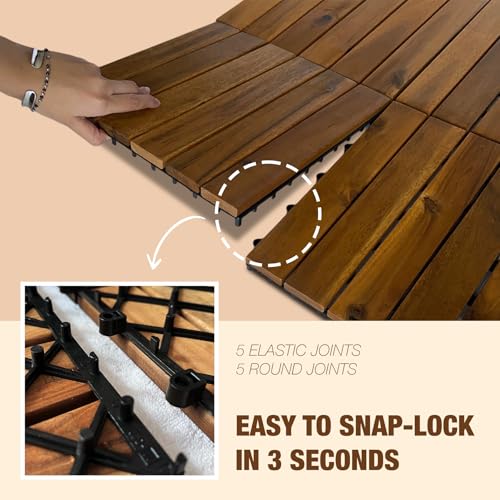 10 pcs Premium Acacia Wood Interlocking Decking Tiles – 12x12x0.9in Weatherproof Patio Flooring Outdoor – Interlocking Deck Tiles for Balcony, Backyar & Poolside, All-Weather Use (Golden Teak Finish) GREEN ALLUVIUM