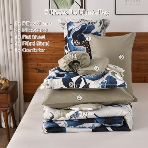 Dintszyayue Brown Comforter Set King Size, 7 Pieces Floral Bed in a Bag Set, Texture Blue Flower Bedding Sets, Soft Microfiber for All Season with Flat Sheet Fitted Sheets Pillowcases and Shams Dintszyayue
