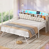 ADORNEVE Daybed with Trundle, Twin to King Daybed with Charging Station & LED Lights, Metal Trundle Bed Twin with Hidden Storage Headboard, Upholstered Sofa Day Bed for Living Room, Bedroom, White ADORNEVE