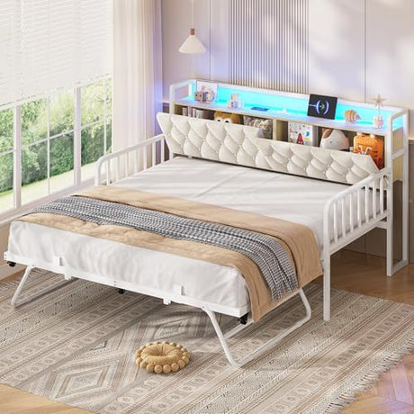 ADORNEVE Daybed with Trundle, Twin to King Daybed with Charging Station & LED Lights, Metal Trundle Bed Twin with Hidden Storage Headboard, Upholstered Sofa Day Bed for Living Room, Bedroom, White ADORNEVE