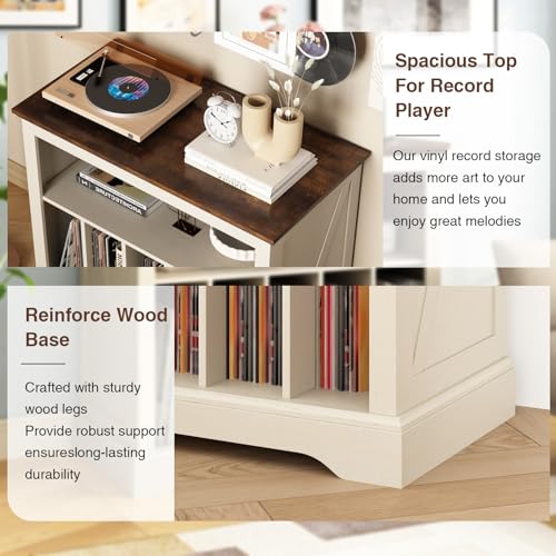 RowyPoey Large Farmhouse Record Player Stand, Turntable Stand with Vinyl Storage, Wood Record Holder Storage Cabinet Dispaly Shelf for Living Room, Bedroom, Office, Antique White RowyPoey