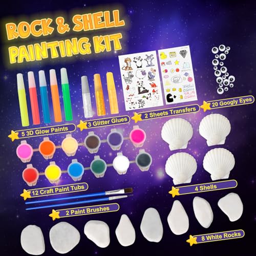 Sea Shell & Rock Painting Kit Glow in The Dark Creative Craft Kits Art Supplies for Kids Arts & Crafts Toys for Boys and Girls Ages 6-12 Art Painting Gift for Birthday Activities Aokna