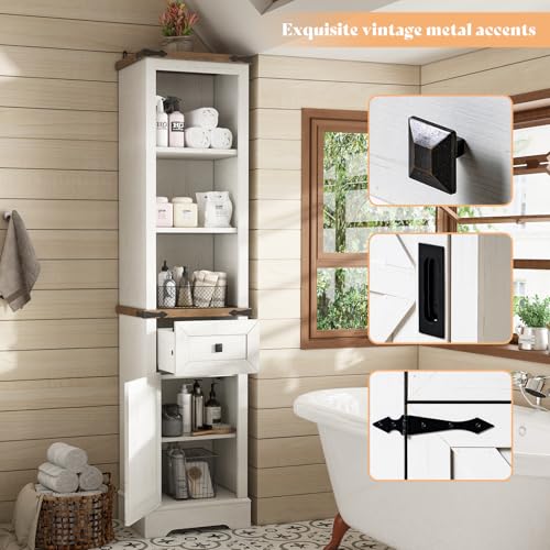 AMERLIFE Tall Bathroom Storage Cabinet, 68" H Farmhouse Slim Storage Cabinet with Door& 5 Adjustable Shelves& Drawers, Toilet Storage, Kitchen Cabinet Storage, Antique White & Barnwood