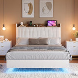 IDEALHOUSE King Floating Bed Frame with LED Lights & Charging Station, Upholstered Platform Bed with Storage Headboard, Wood Slats Support, No Box Spring Needed, Easy to Assemble, White IDEALHOUSE