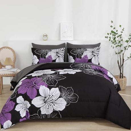 Luxudecor Floral Comforter Set King Size, 7 Pieces Bed in a Bag Purple Floral Comforter and Sheet Set, Soft Microfiber Complete Bedding Sets for All Seasons Luxudecor